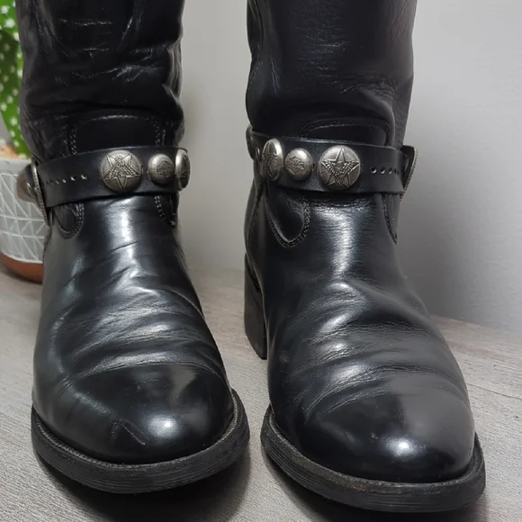 Vtg 90s Black Leather Harley Davidson Motorcycle Harness Boots Men's 11 Goodyear - Picture 2 of 16